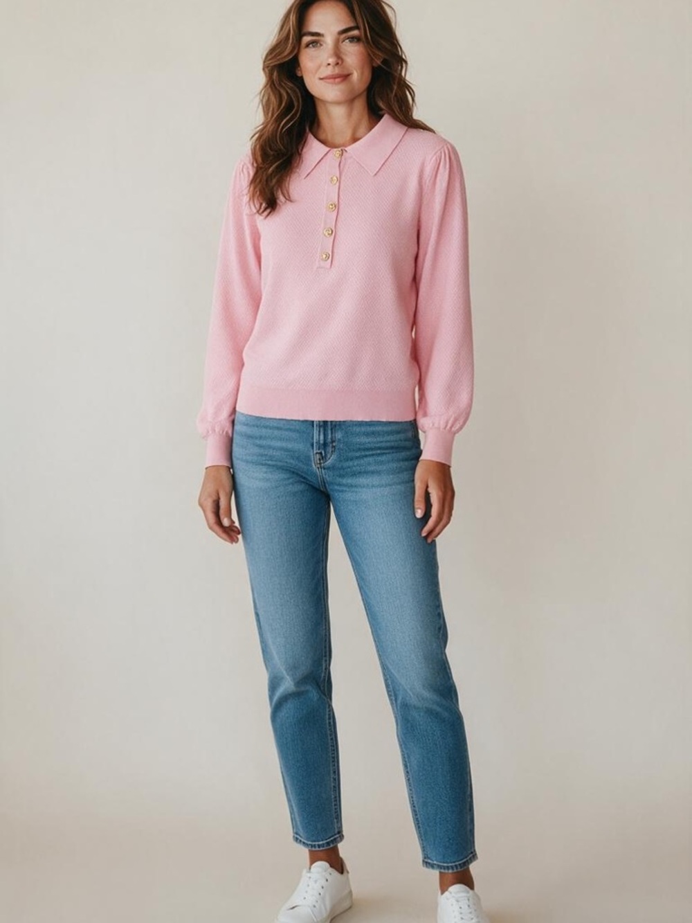 Button-Front Pink Polo Sweater Top